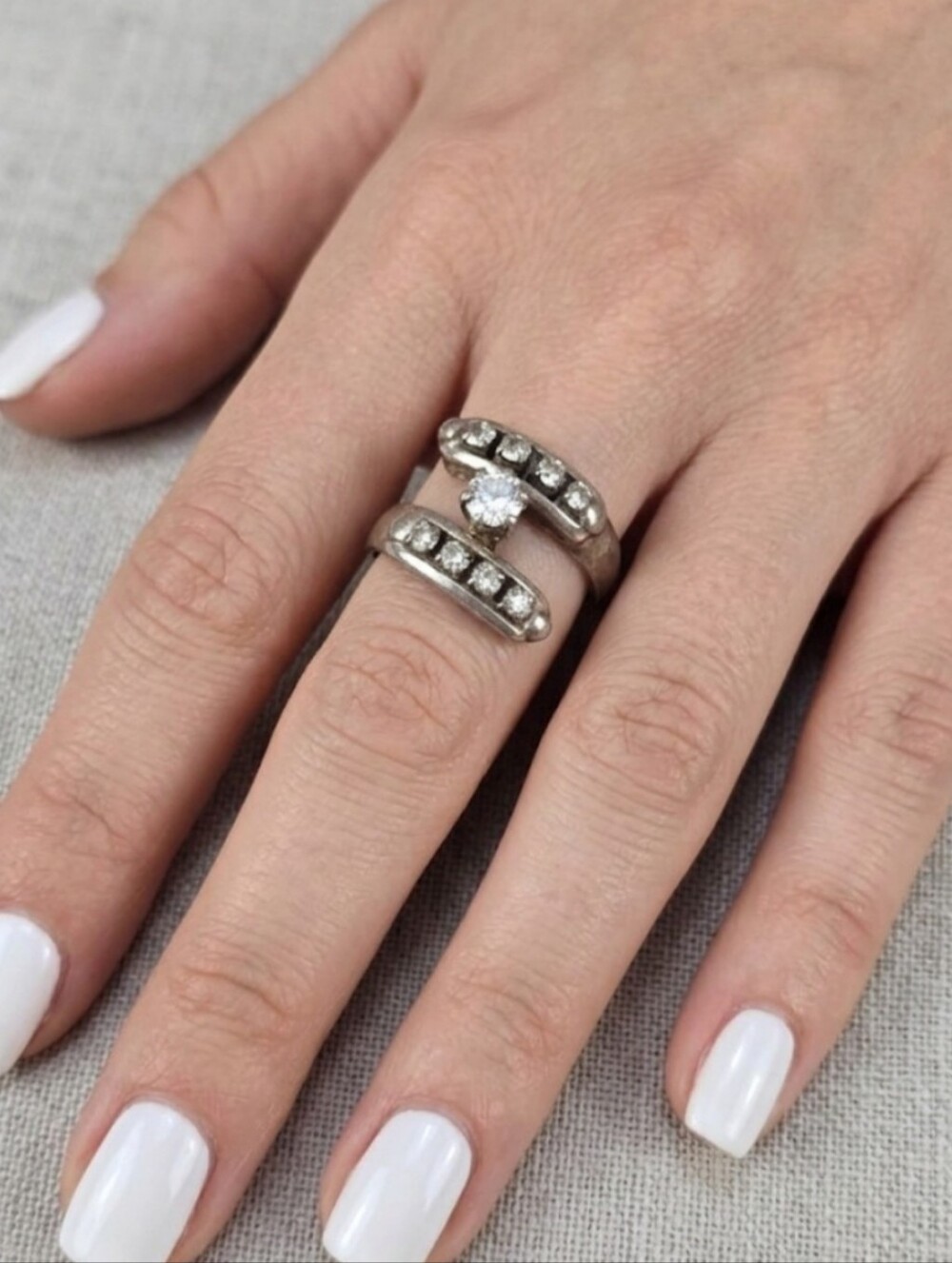 Vintage Sterling Silver Clear Stone Bypass Ring Size 5.5